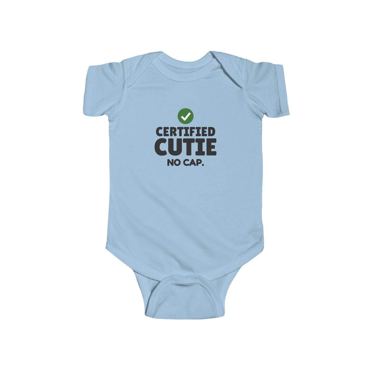 Certified Cutie No Cap Gen Z meme baby onesie in Light Blue with "Certified Cutie No Cap" graphic, product photo 3