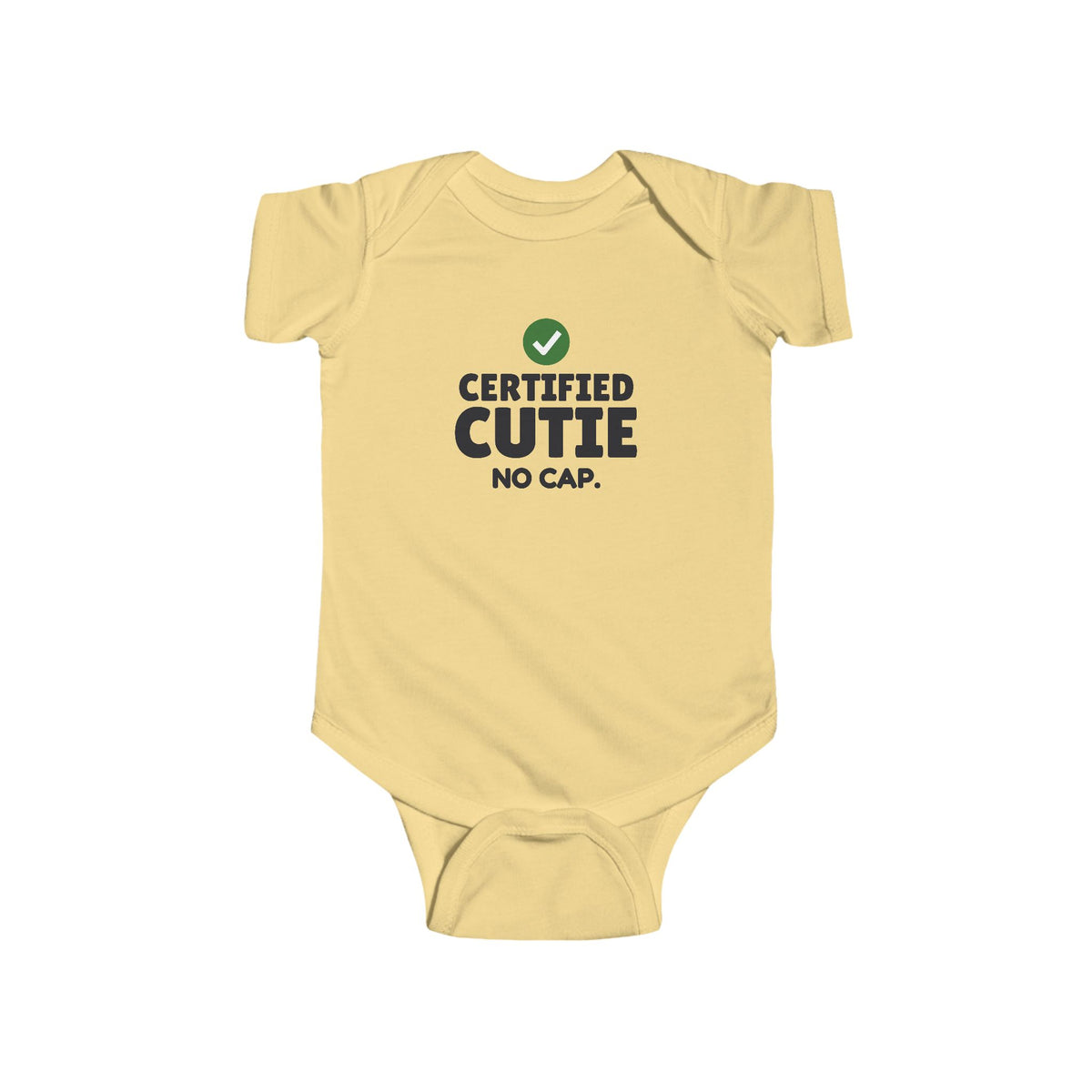 Certified Cutie No Cap Gen Z meme baby onesie in Butter with "Certified Cutie No Cap" graphic, product photo 2