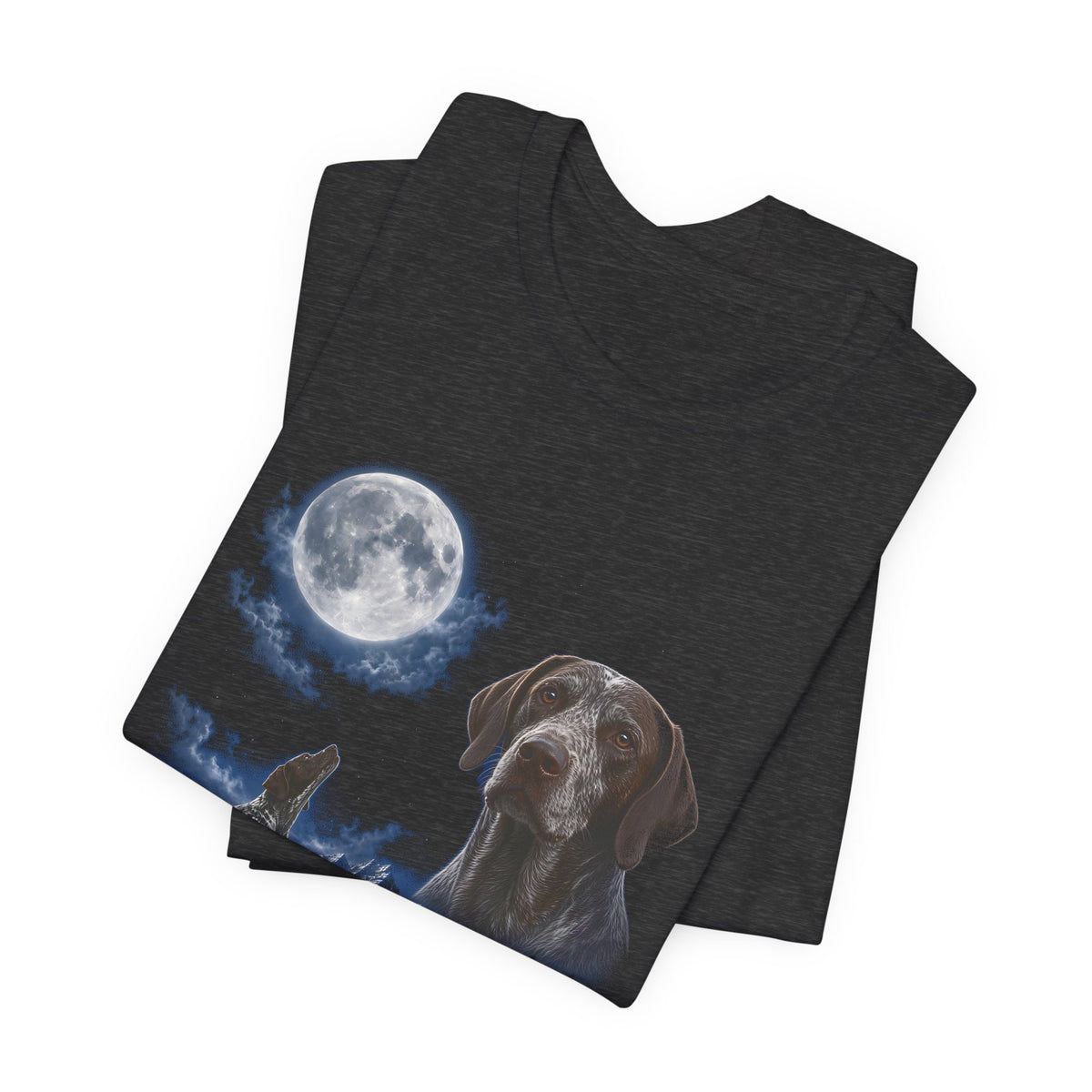 Dark Grey Heather t-shirt with a photoreal German shorthaired pointer under a full moon and a second German shorthaired pointer howling on a cliff over mountains and a waterfall, folded