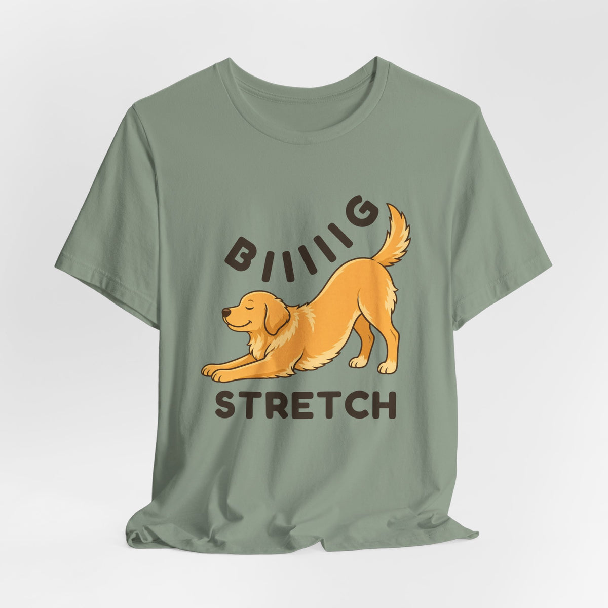 Sage t-shirt with the "Big Stretch Golden Retriever" design, flat lay