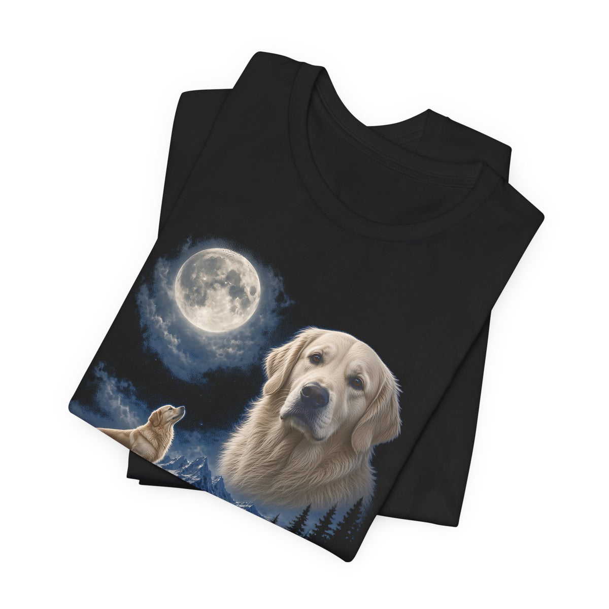 Black t-shirt with a photoreal English cream golden retriever under a full moon and a second English cream golden retriever howling on a cliff over mountains and a waterfall, folded