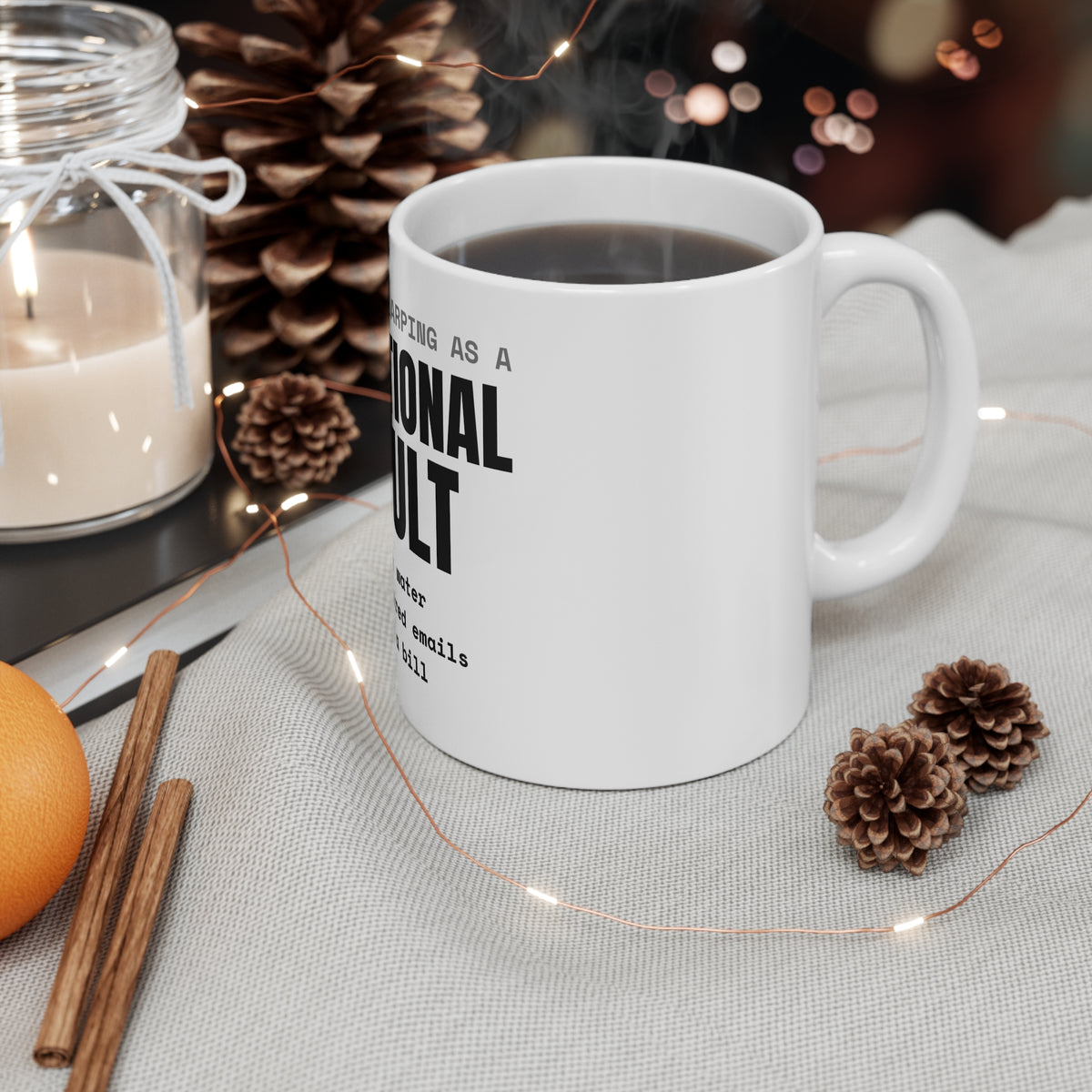 Larping As A Functional Adult NPC and larp mug with "Larping As A Functional Adult" graphic, product photo 4
