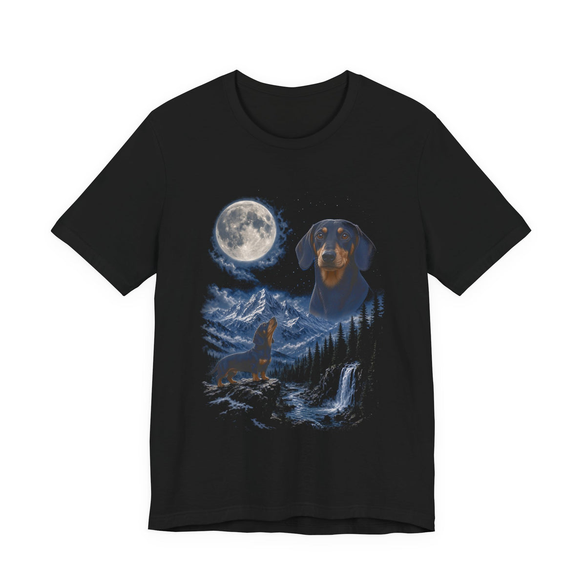 Black t-shirt with a photoreal miniature dachshund under a full moon and a second miniature dachshund howling on a cliff over mountains and a waterfall, front view