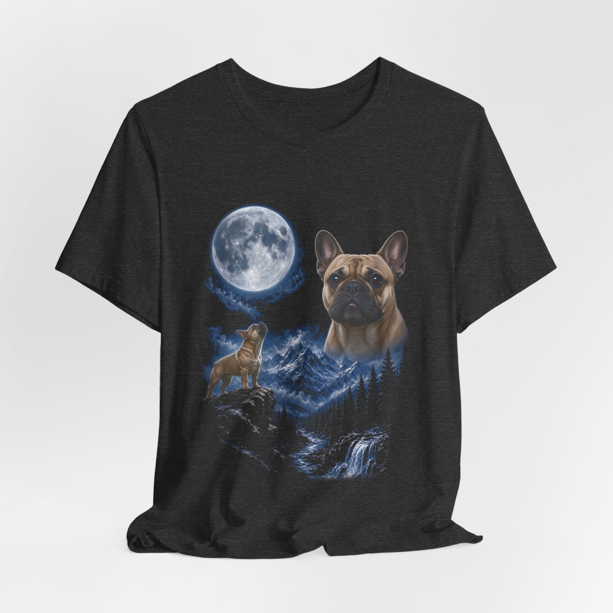 Dark Grey Heather t-shirt with a photoreal French bulldog under a full moon and a second French bulldog howling on a cliff over mountains and a waterfall, flat lay