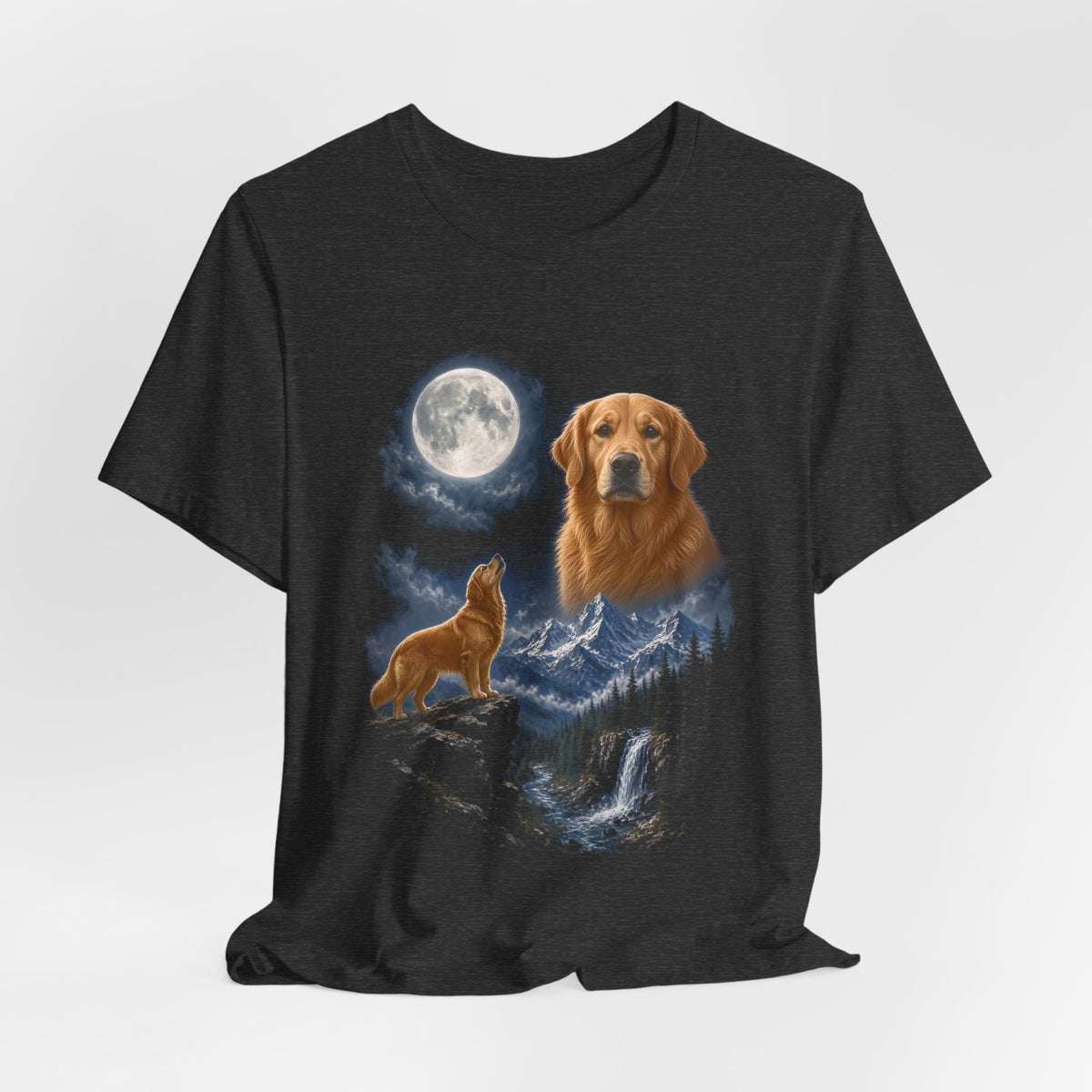 Dark Grey Heather t-shirt with a photoreal golden retriever under a full moon and a second golden retriever howling on a cliff over mountains and a waterfall, flat lay