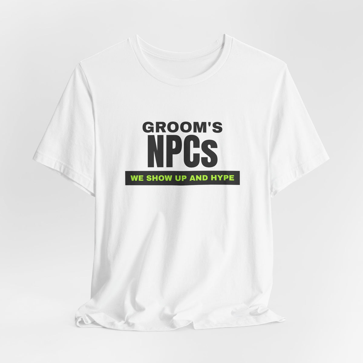 Groom's NPCs bachelor party t-shirt with "Groom's NPCs" graphic, product photo 6
