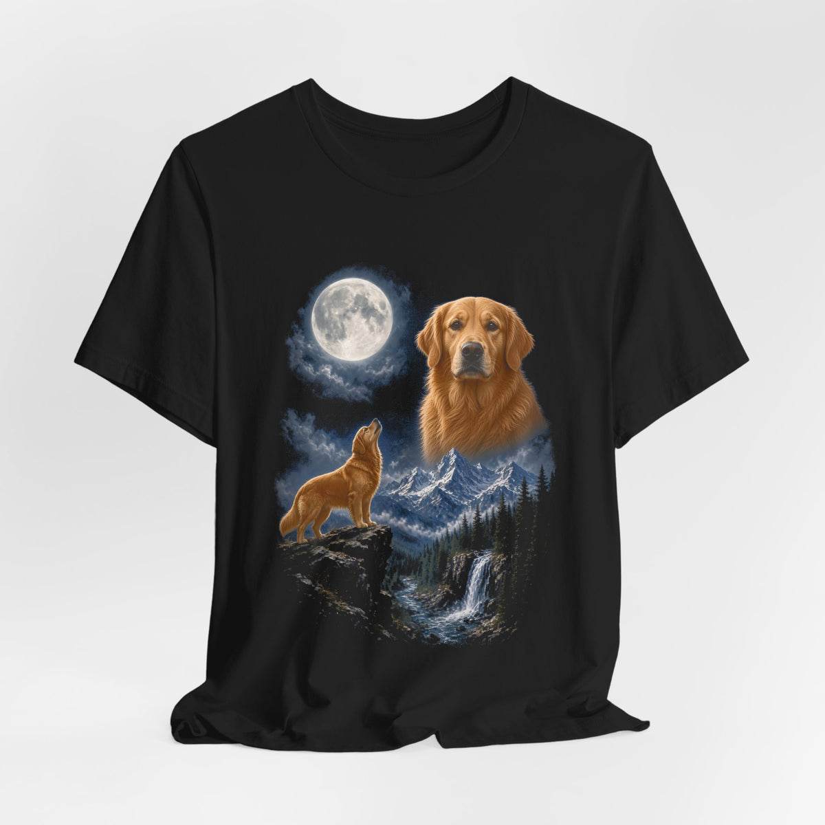 Black t-shirt with a photoreal golden retriever under a full moon and a second golden retriever howling on a cliff over mountains and a waterfall, flat lay