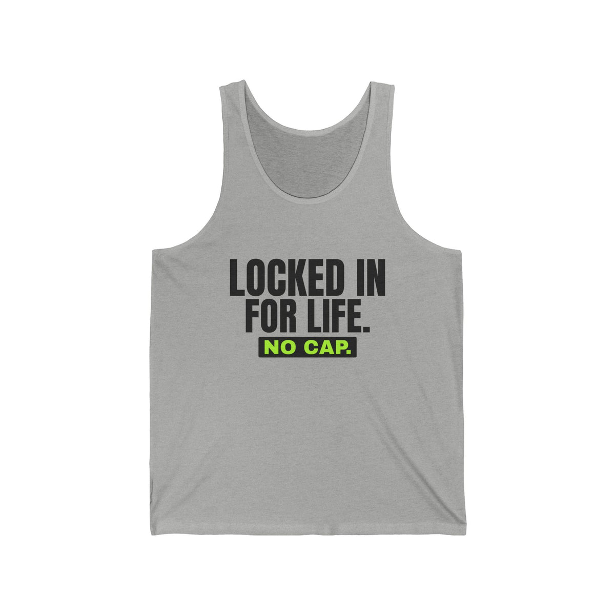 Locked In For Life No Cap bachelor party tank top in Athletic Heather with "Locked In For Life No Cap" graphic, product photo 3