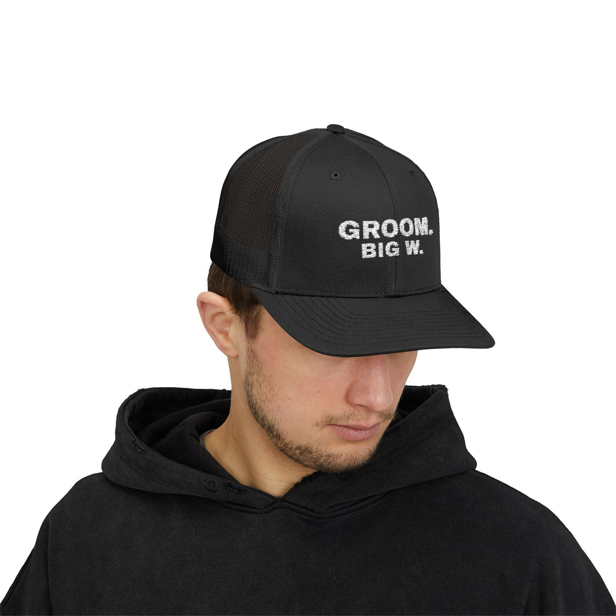 Groom Big W bachelor party trucker hat with "Groom Big W" graphic, product photo 8