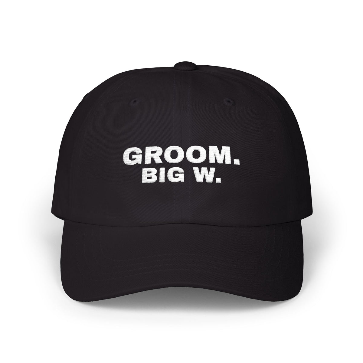 Groom Big W bachelor party dad hat in Black with "Groom Big W" graphic, product photo 2