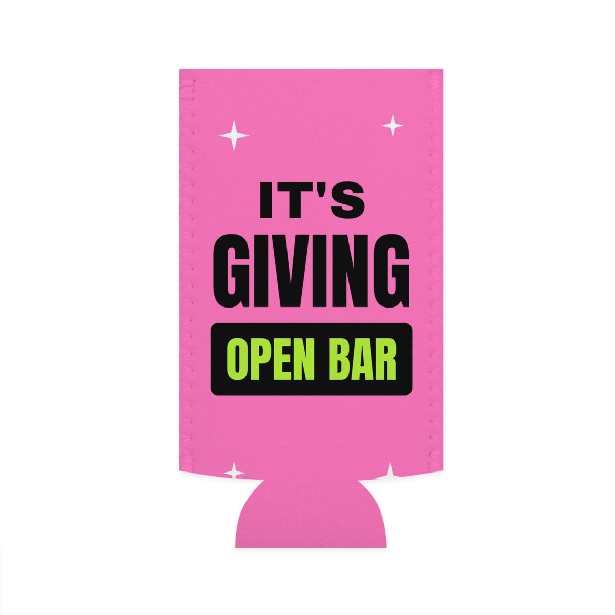 It's Giving Open Bar bachelorette party slim can cooler with "It's Giving Open Bar" graphic, product photo 2