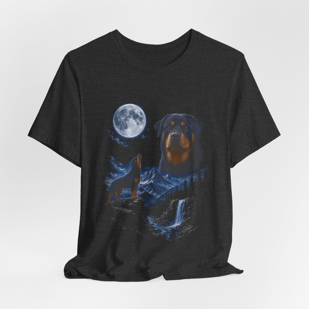 Dark Grey Heather t-shirt with a photoreal rottweiler under a full moon and a second rottweiler howling on a cliff over mountains and a waterfall, flat lay