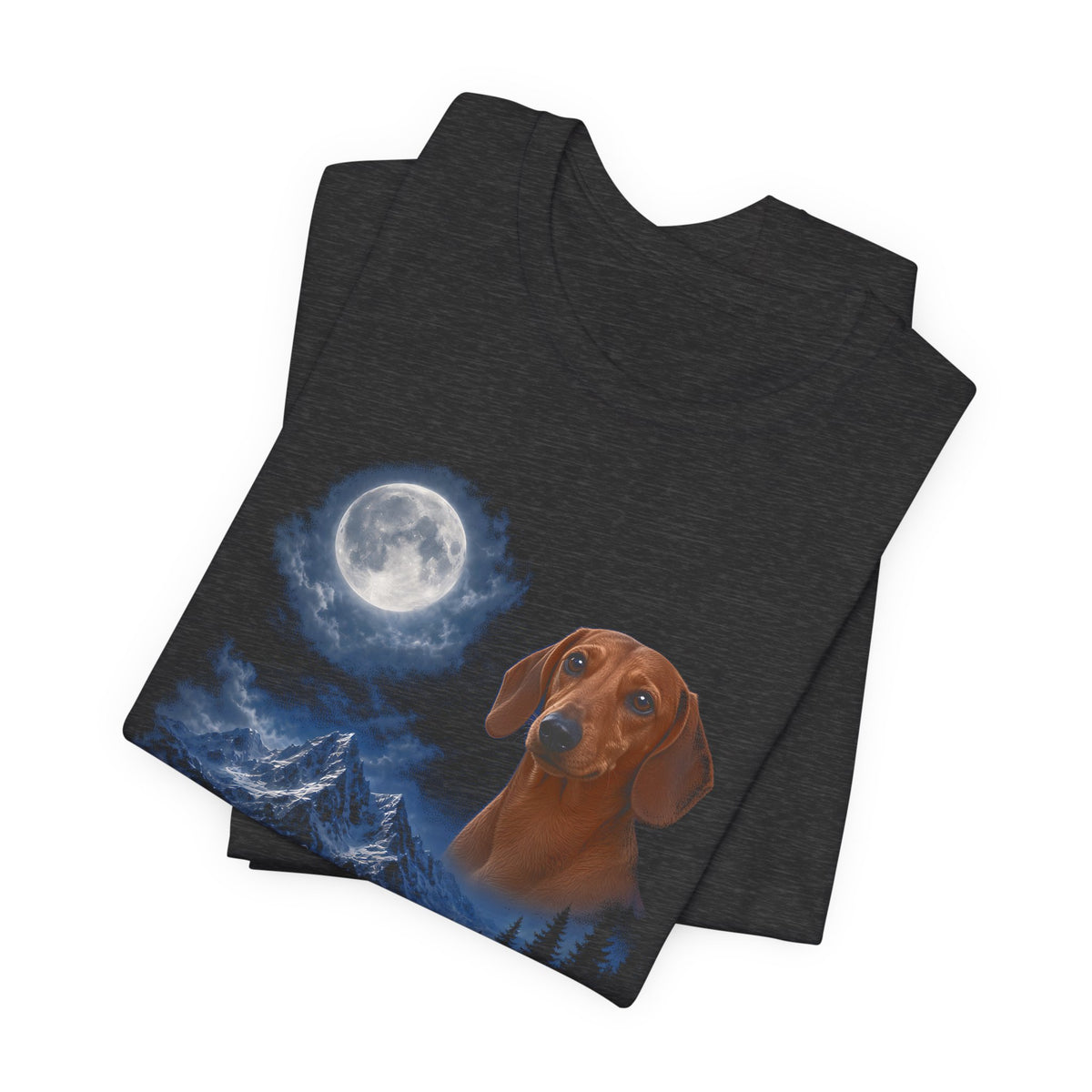 Dark Grey Heather t-shirt with a photoreal dachshund under a full moon and a second dachshund howling on a cliff over mountains and a waterfall, folded