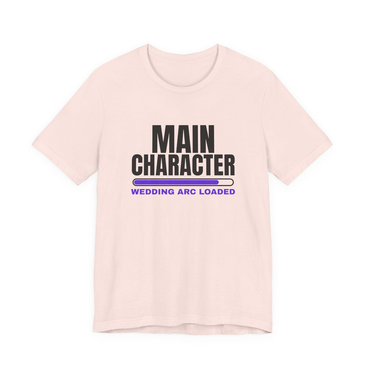 Main Character Wedding Arc Loaded bachelorette party t-shirt in Soft Pink with "Main Character Wedding Arc Loaded" graphic, product photo 2