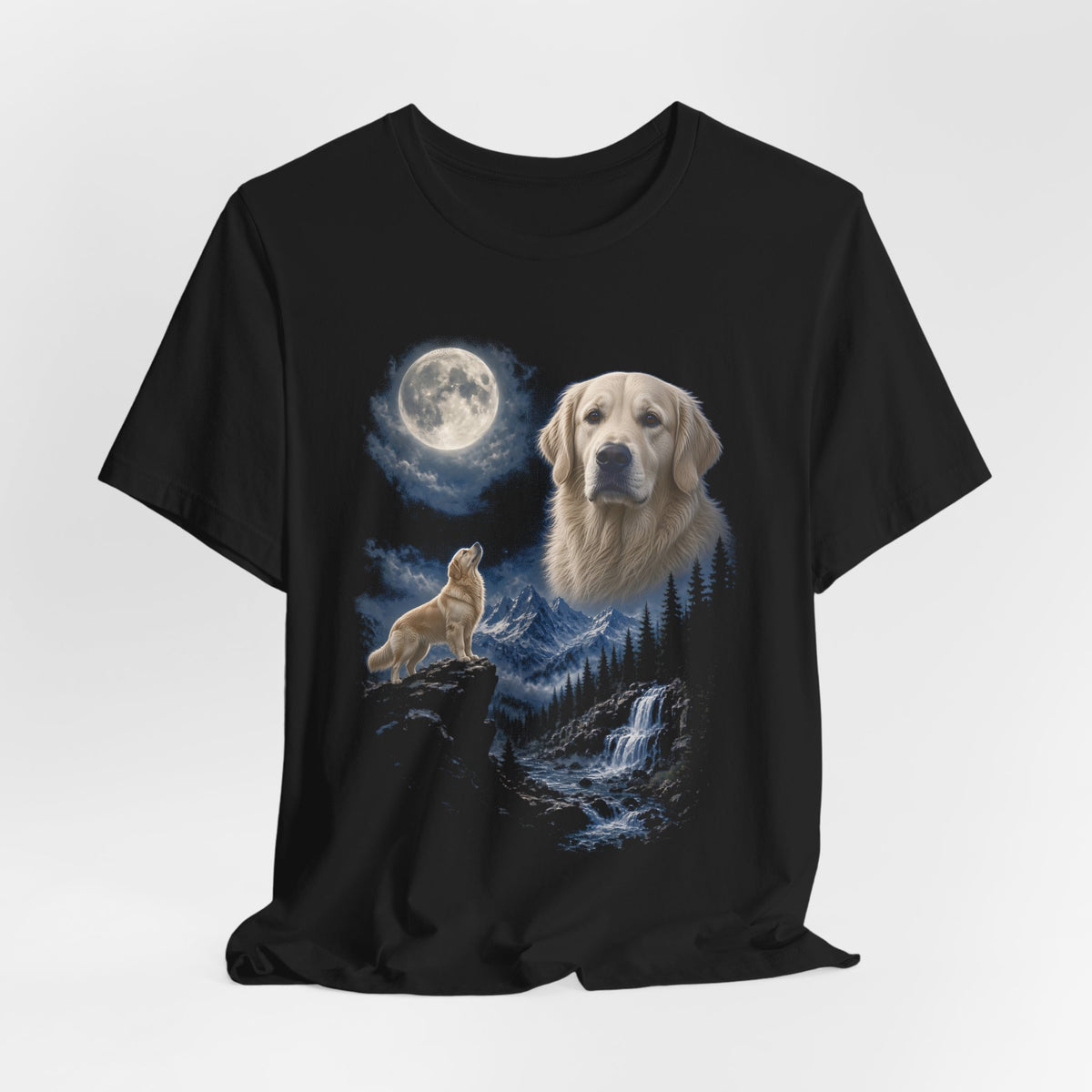 Black t-shirt with a photoreal English cream golden retriever under a full moon and a second English cream golden retriever howling on a cliff over mountains and a waterfall, flat lay