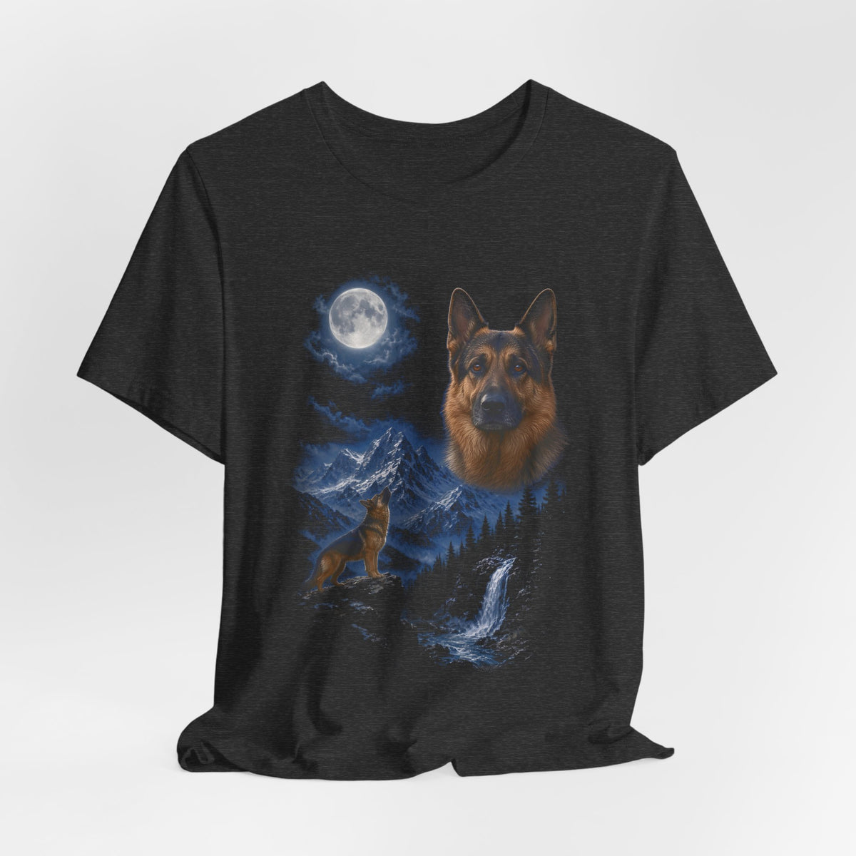 Dark Grey Heather t-shirt with a photoreal German shepherd under a full moon and a second German shepherd howling on a cliff over mountains and a waterfall, flat lay