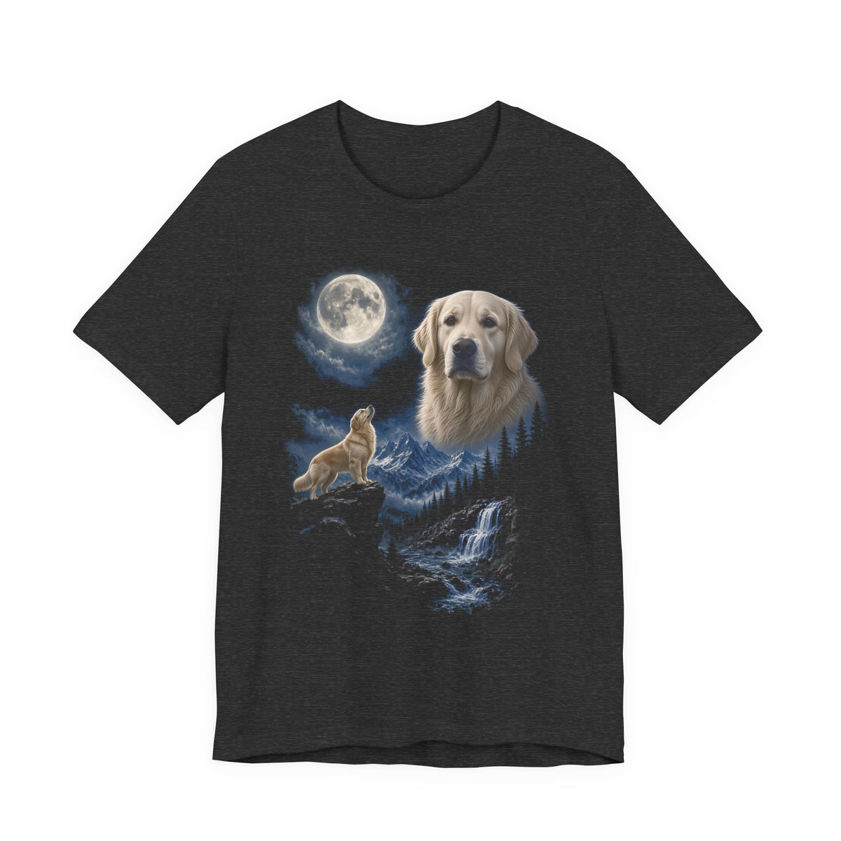 Dark Grey Heather t-shirt with a photoreal English cream golden retriever under a full moon and a second English cream golden retriever howling on a cliff over mountains and a waterfall, front view