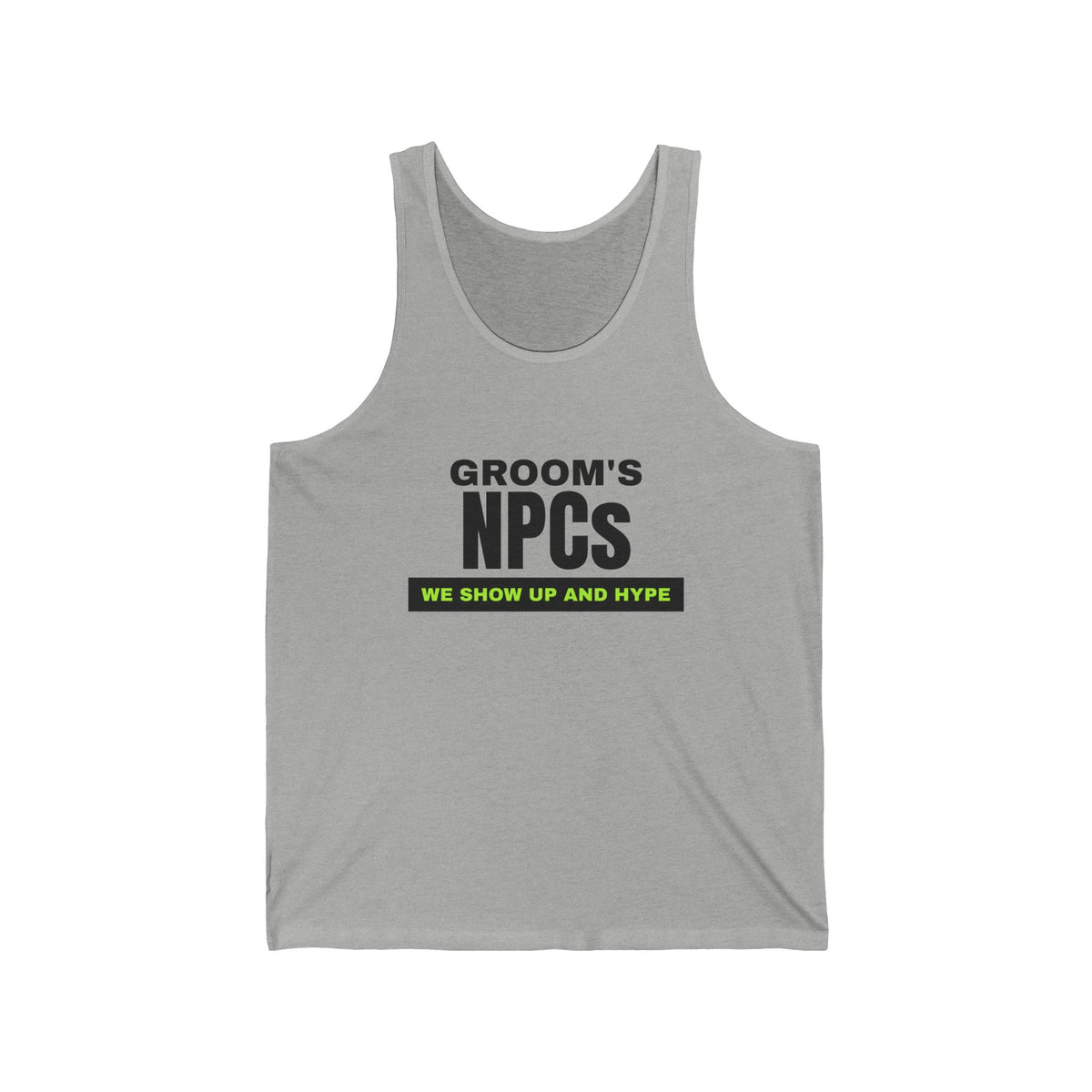 Groom's NPCs bachelor party tank top in Athletic Heather with "Groom's NPCs" graphic, product photo 3
