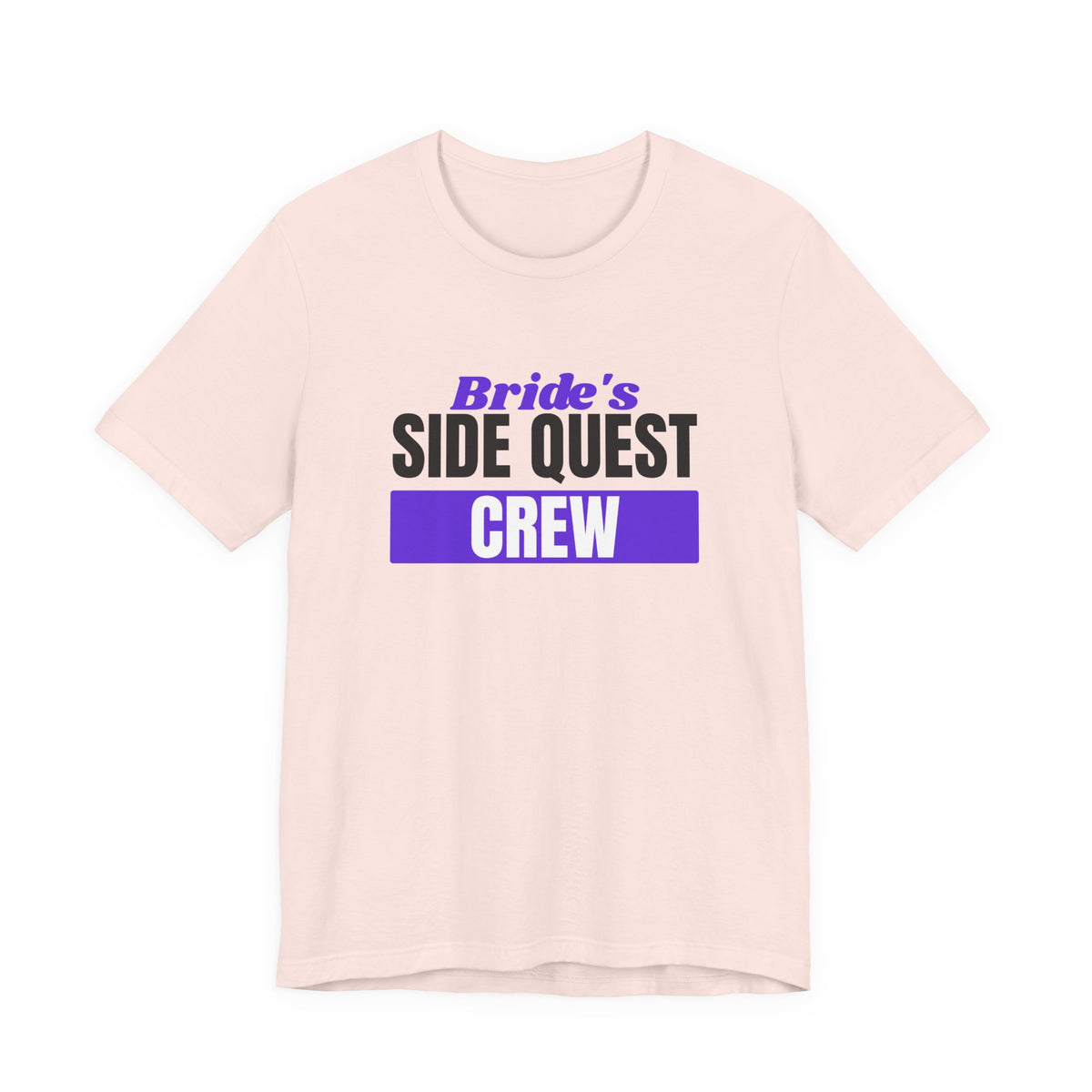 Bride's Side Quest Crew bachelorette party t-shirt in Soft Pink with "Bride's Side Quest Crew" graphic, product photo 2