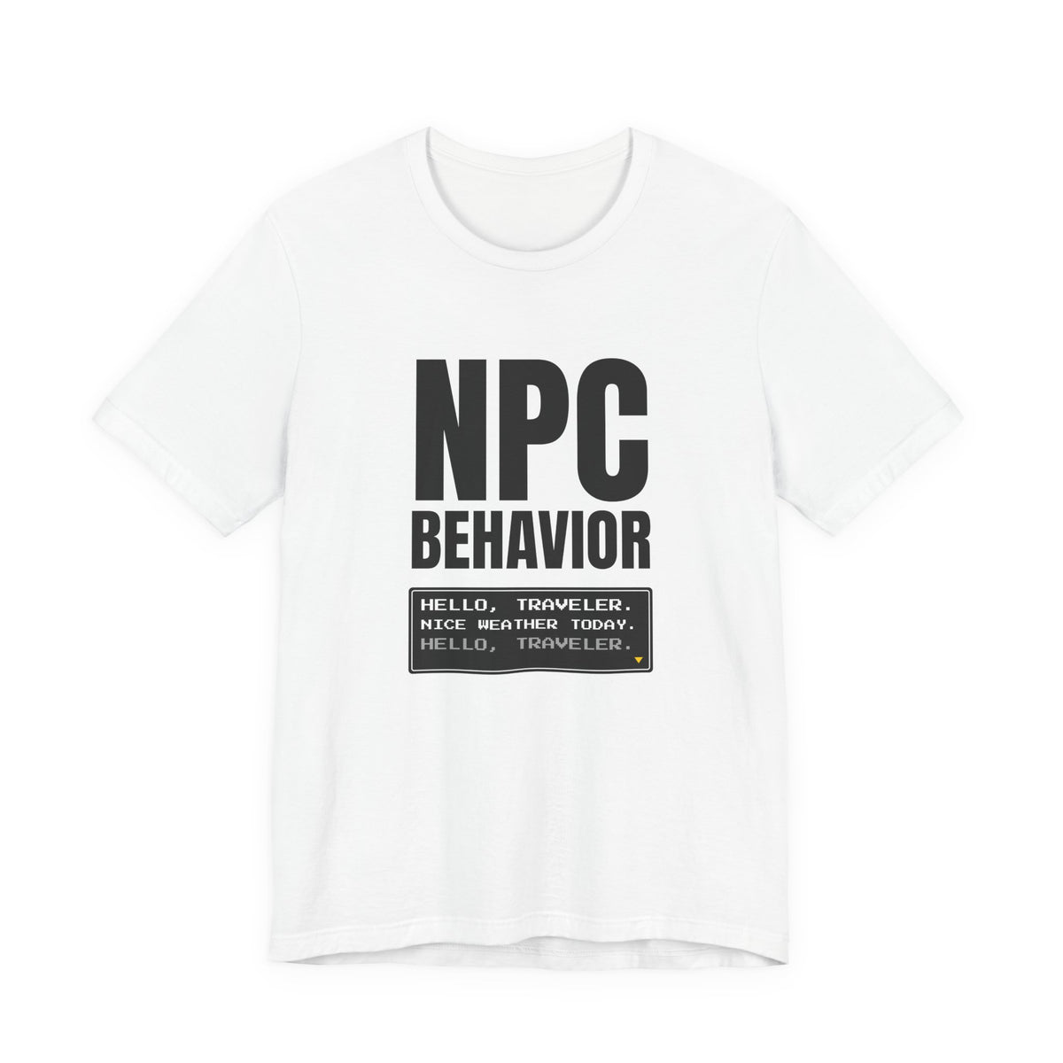 NPC Behavior NPC and larp t-shirt in White with "NPC Behavior" graphic, front view