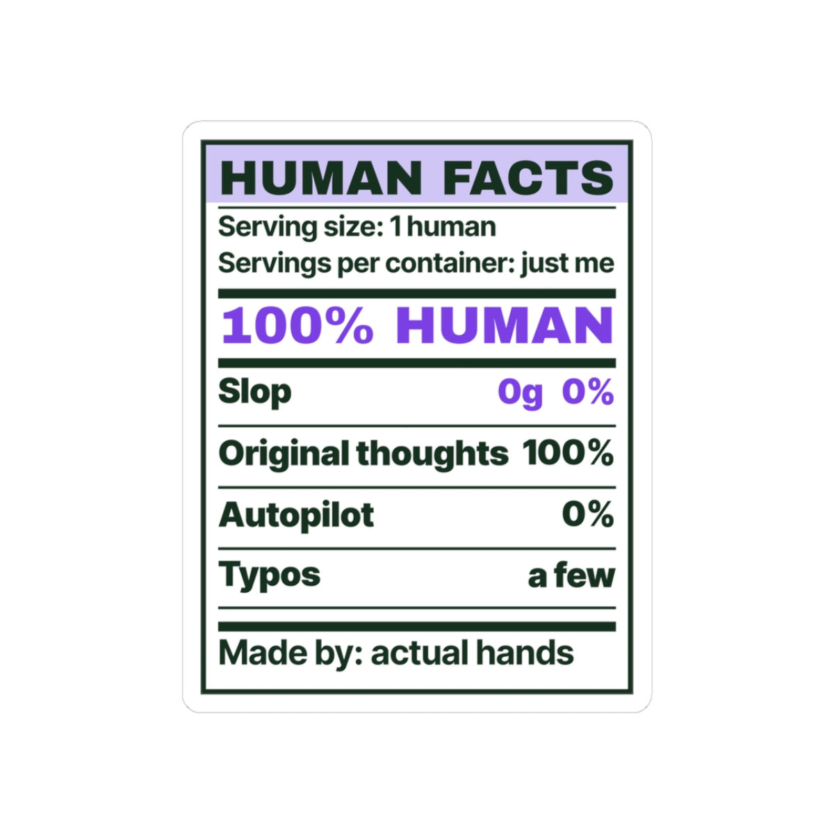 Human Facts chronically online sticker with "Human Facts" graphic, front view