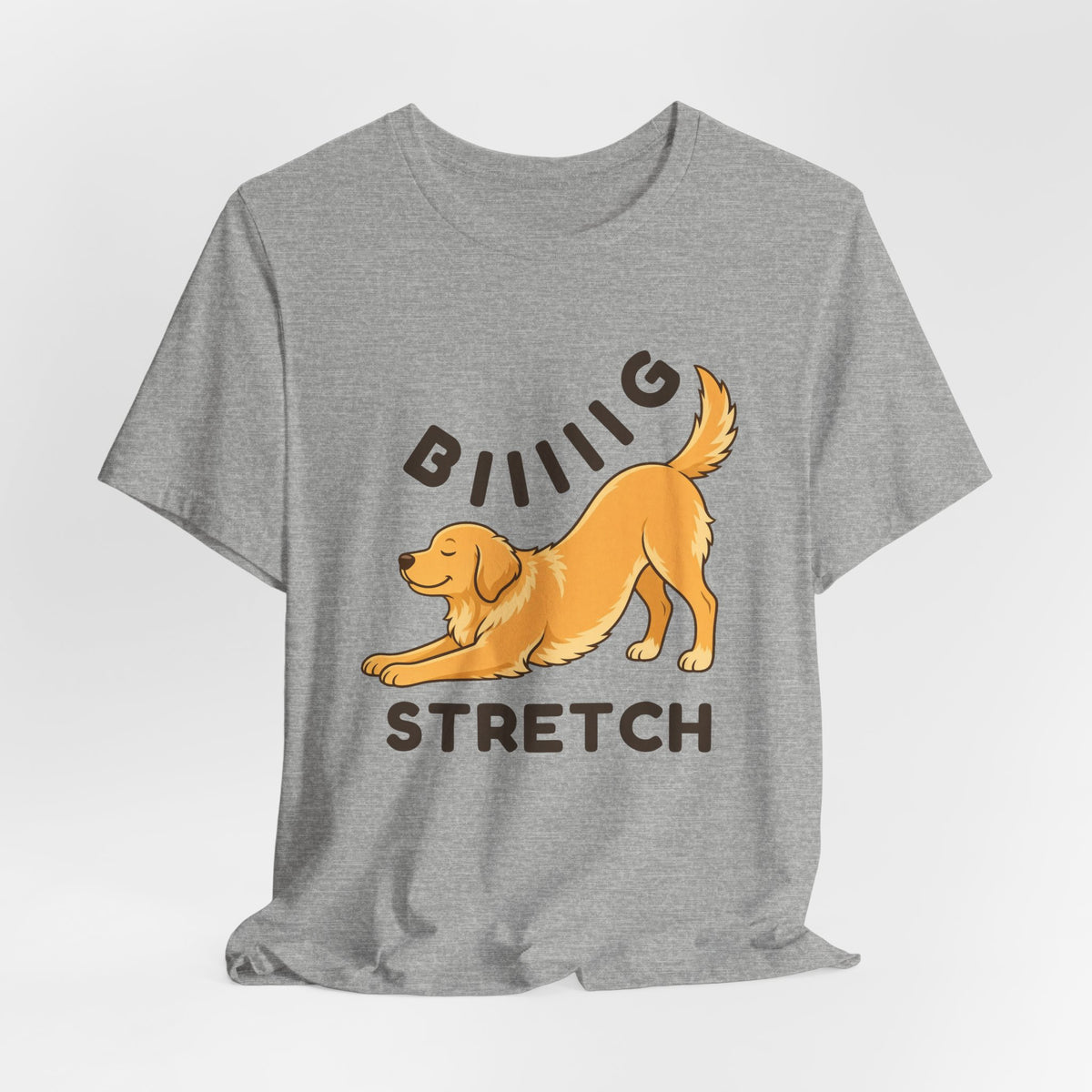 Athletic Heather t-shirt with the "Big Stretch Golden Retriever" design, flat lay