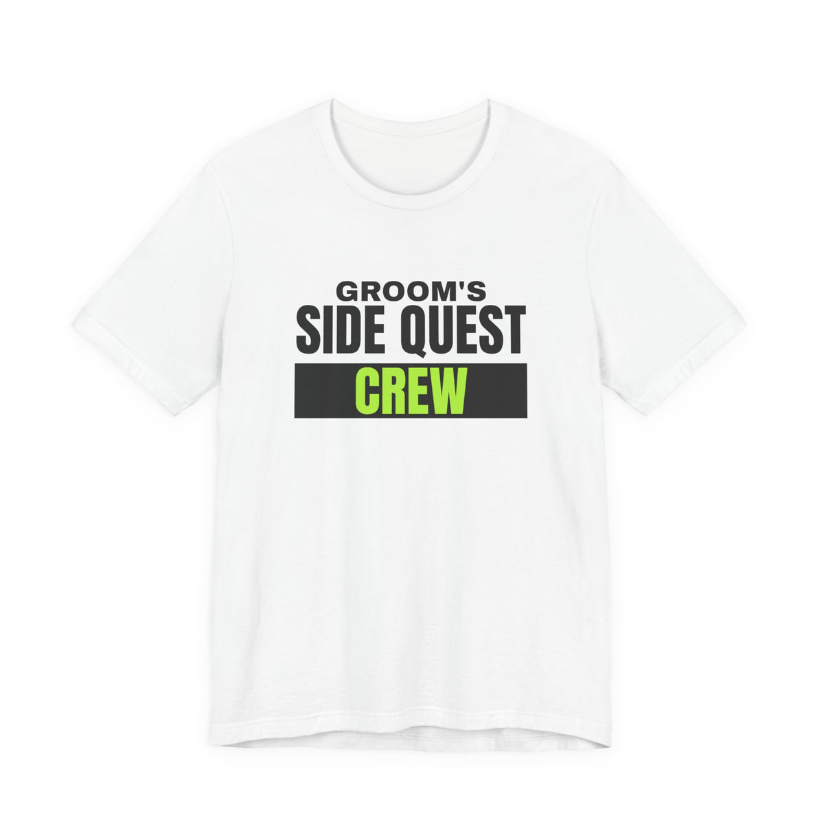 Groom's Side Quest Crew bachelor party t-shirt in White with "Groom's Side Quest Crew" graphic, front view