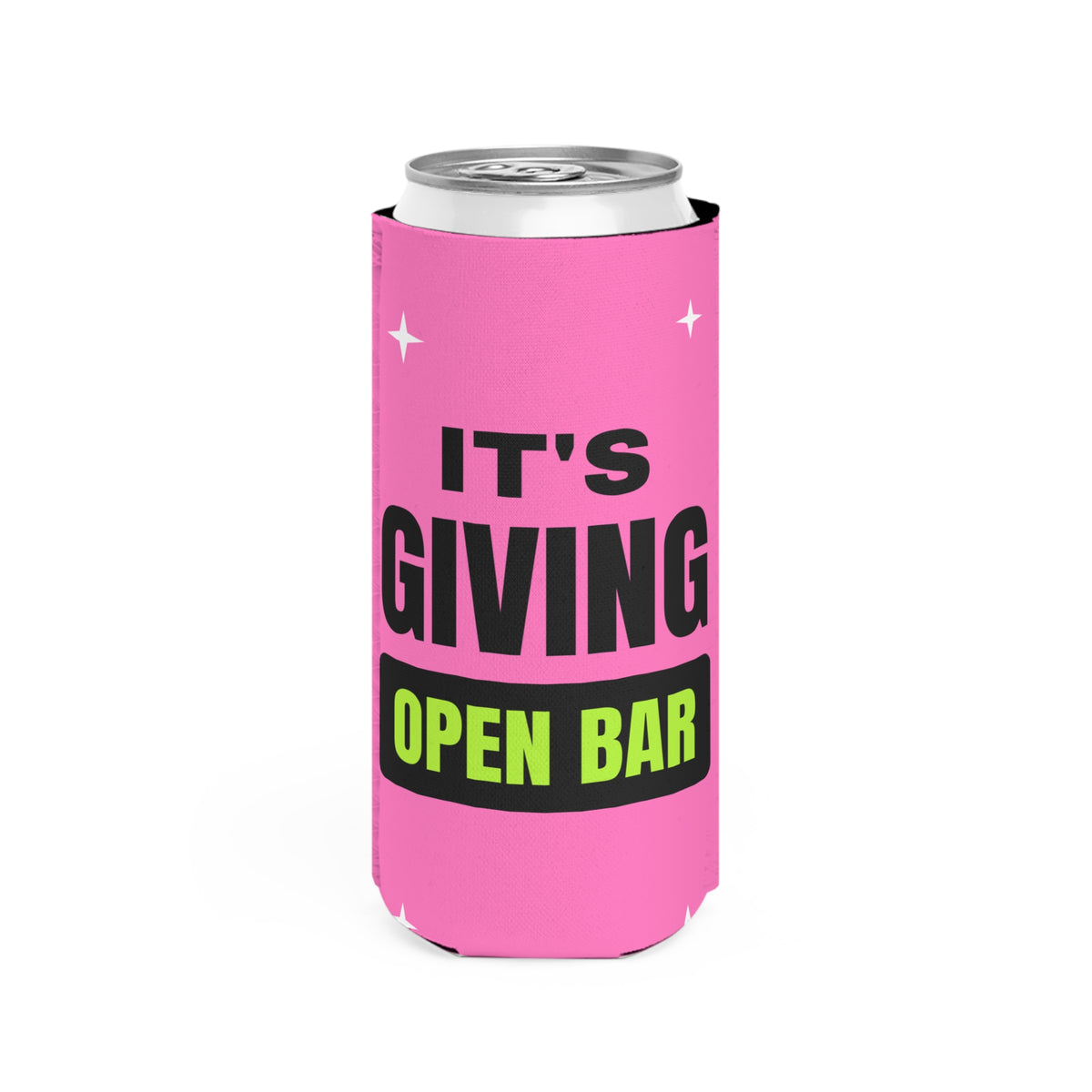 It's Giving Open Bar bachelorette party slim can cooler with "It's Giving Open Bar" graphic, product photo 3