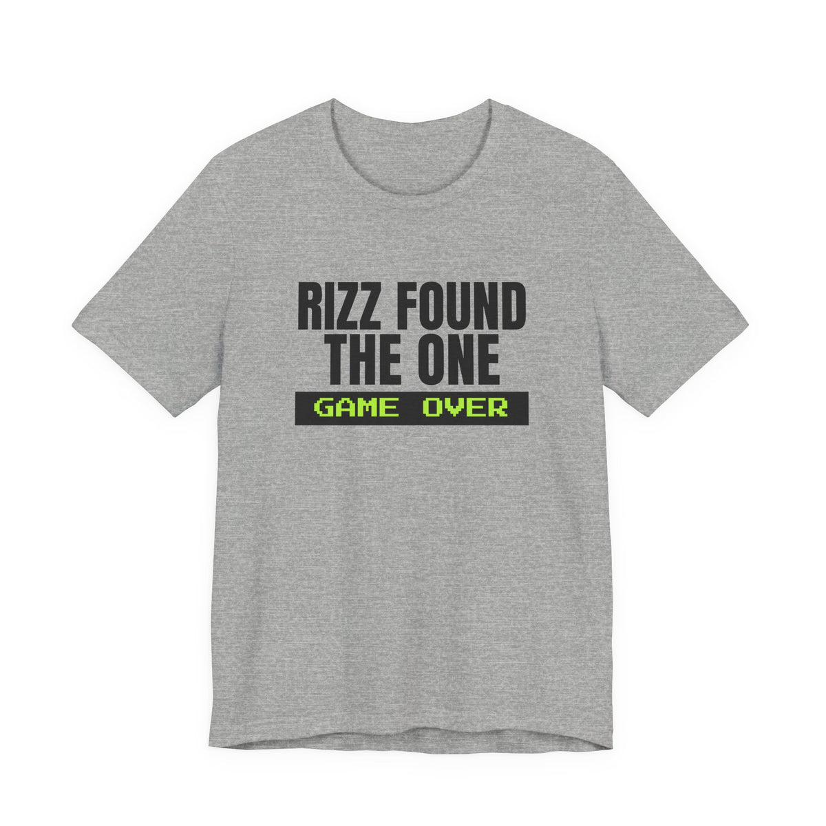 Rizz Found The One Game Over bachelor party t-shirt in Athletic Heather with "Rizz Found The One Game Over" graphic, product photo 3