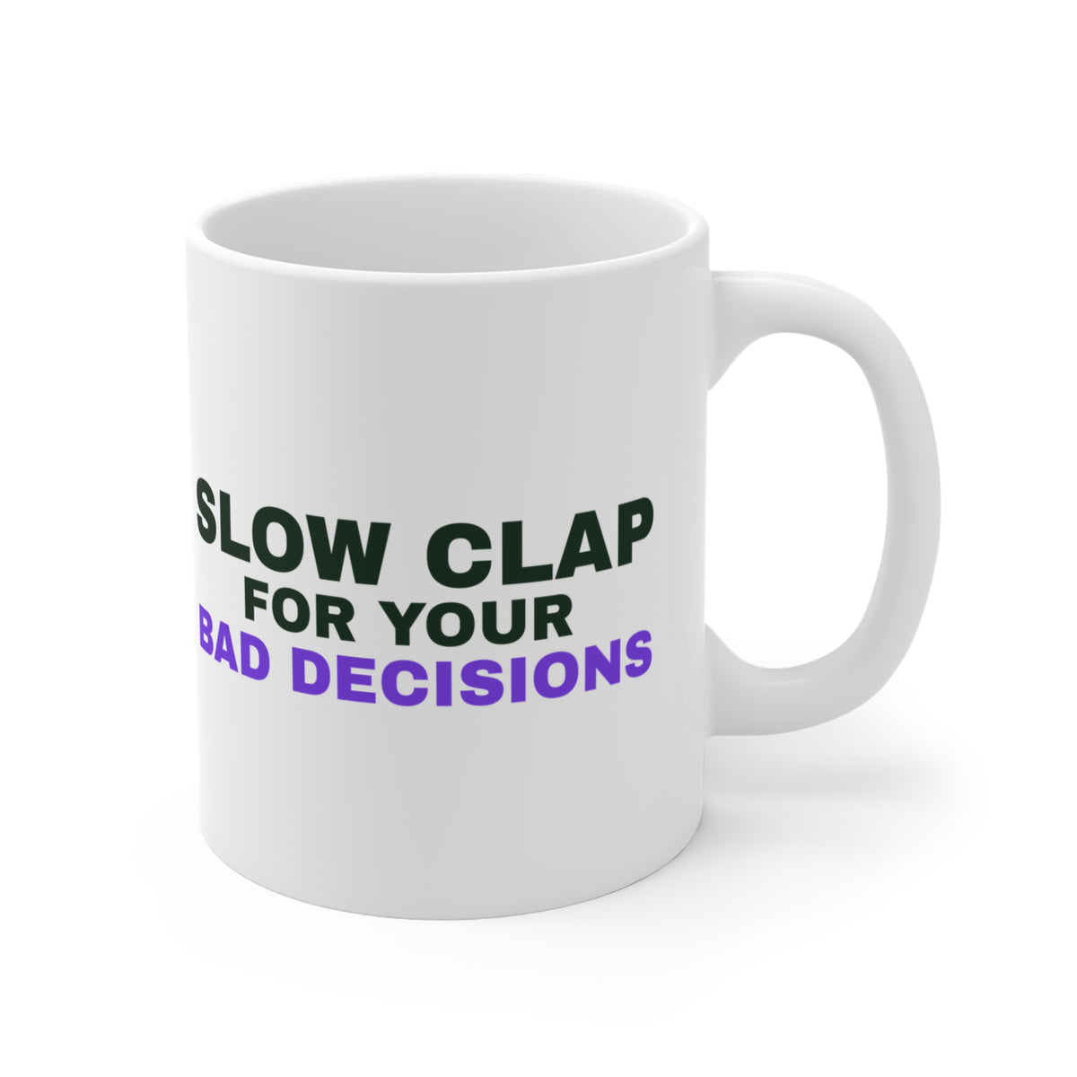 Slow Clap black cat clapping meme white mug with "Slow Clap" graphic, product photo 3