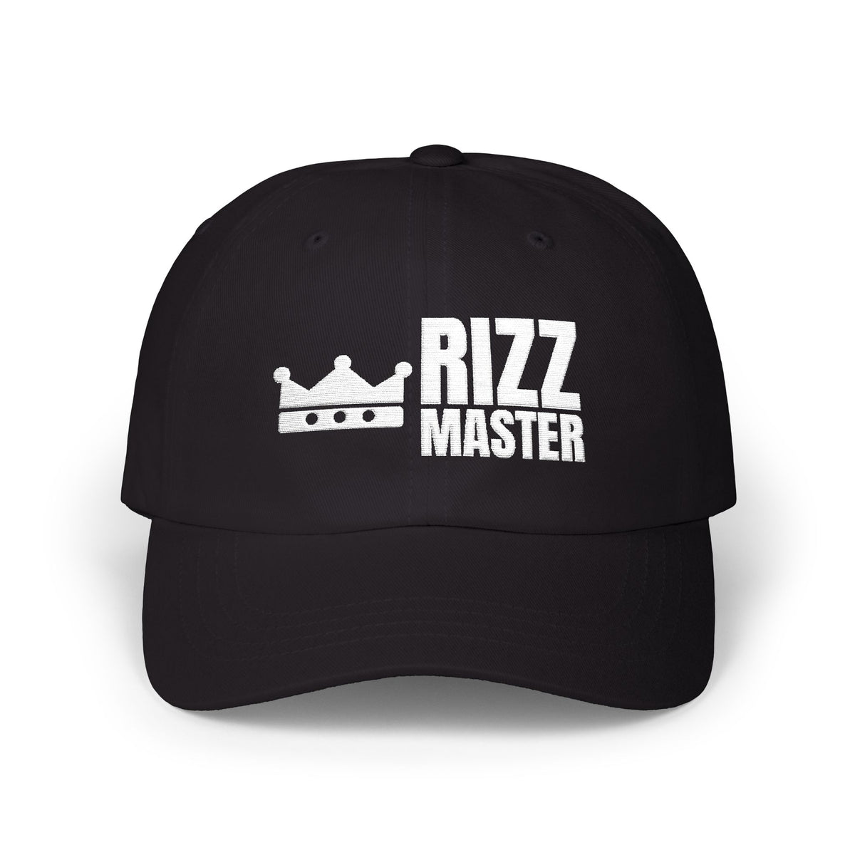 Rizz Master rizz dad hat in Black with "Rizz Master" graphic, front view