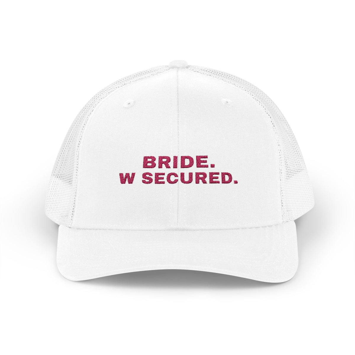 Bride W Secured bachelorette party trucker hat in White with "Bride W Secured" graphic, front view