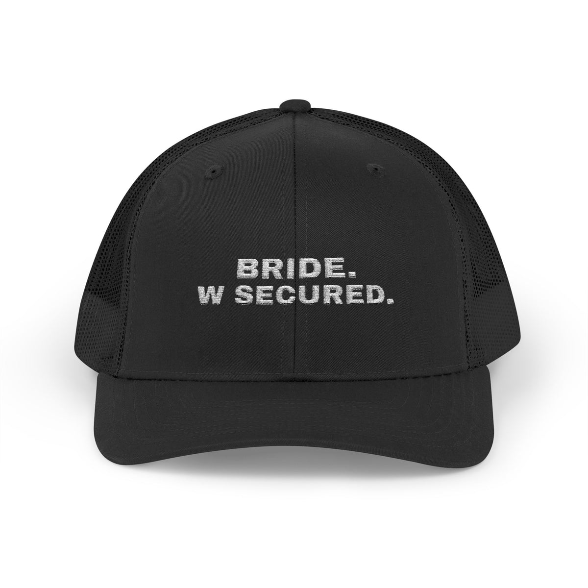 Bride W Secured bachelorette party trucker hat in Black with "Bride W Secured" graphic, product photo 2
