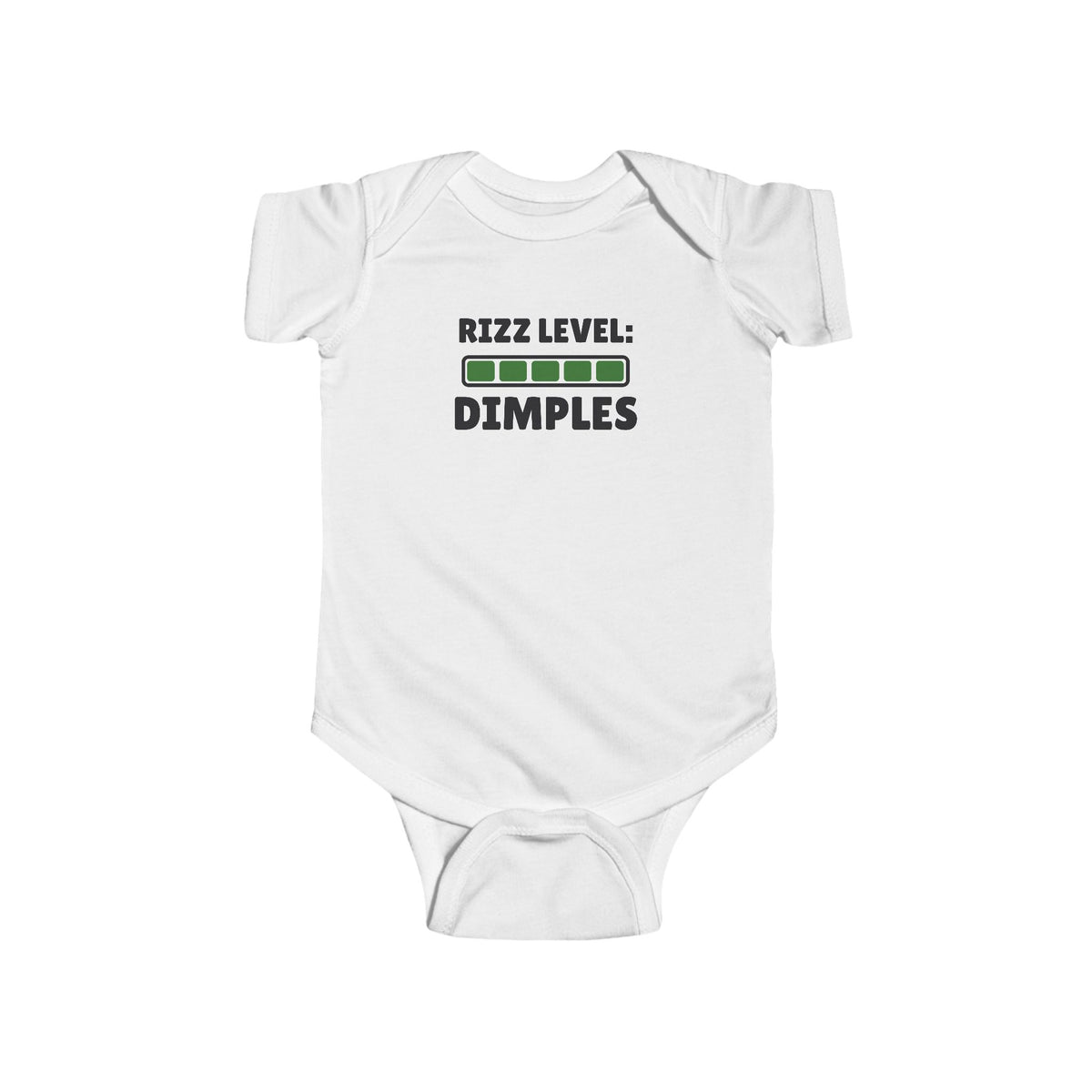 Rizz Level Dimples Gen Z meme baby onesie in White with "Rizz Level Dimples" graphic, front view