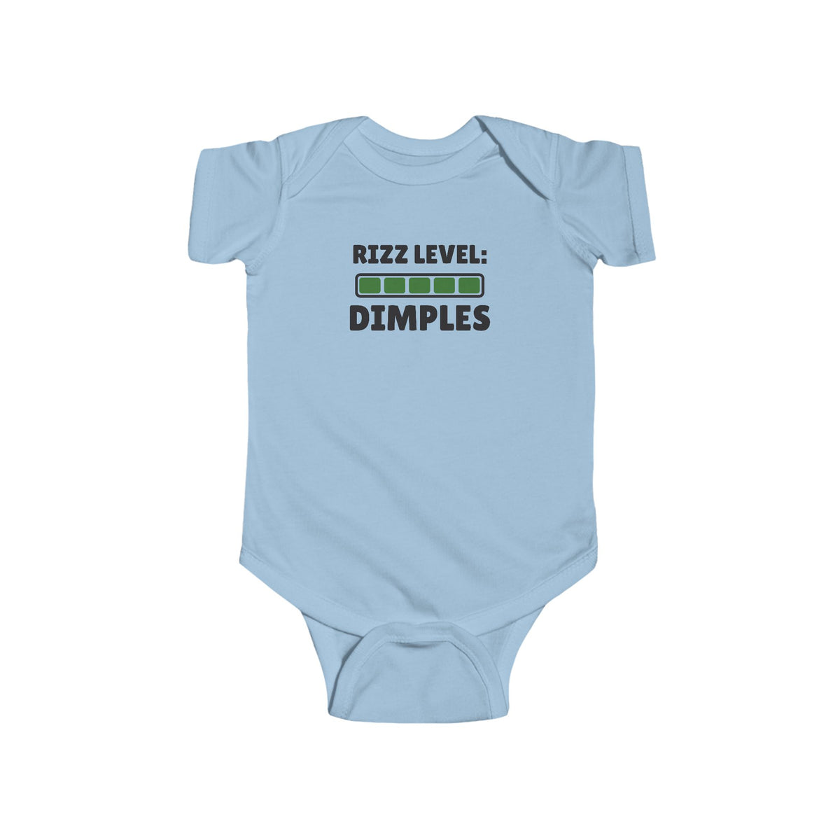 Rizz Level Dimples Gen Z meme baby onesie in Light Blue with "Rizz Level Dimples" graphic, product photo 3