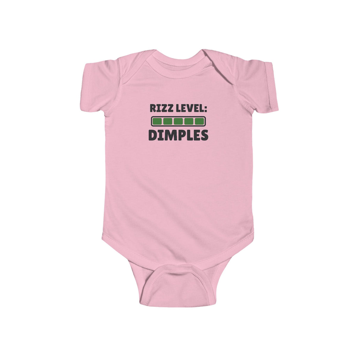 Rizz Level Dimples Gen Z meme baby onesie in Pink with "Rizz Level Dimples" graphic, product photo 4