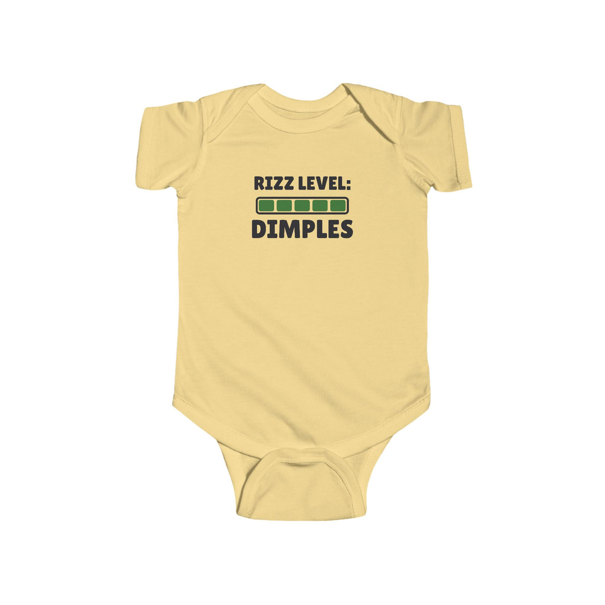 Rizz Level Dimples Gen Z meme baby onesie in Butter with "Rizz Level Dimples" graphic, product photo 2