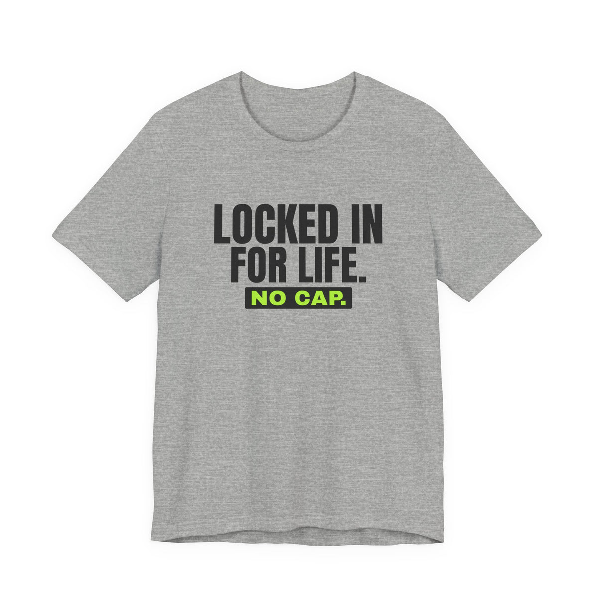 Locked In For Life No Cap bachelor party t-shirt in Athletic Heather with "Locked In For Life No Cap" graphic, product photo 3