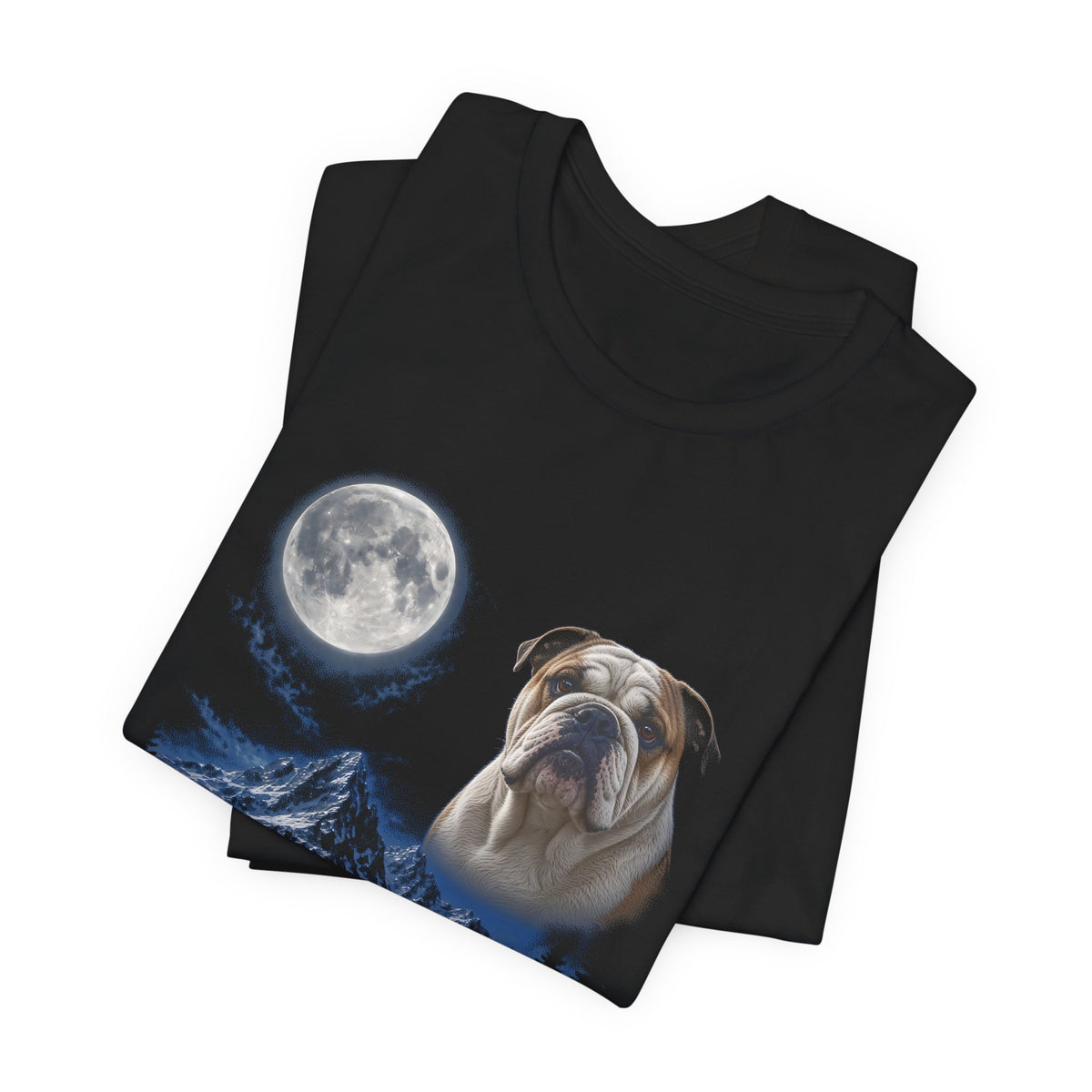 Black t-shirt with a photoreal bulldog under a full moon and a second bulldog howling on a cliff over mountains and a waterfall, folded