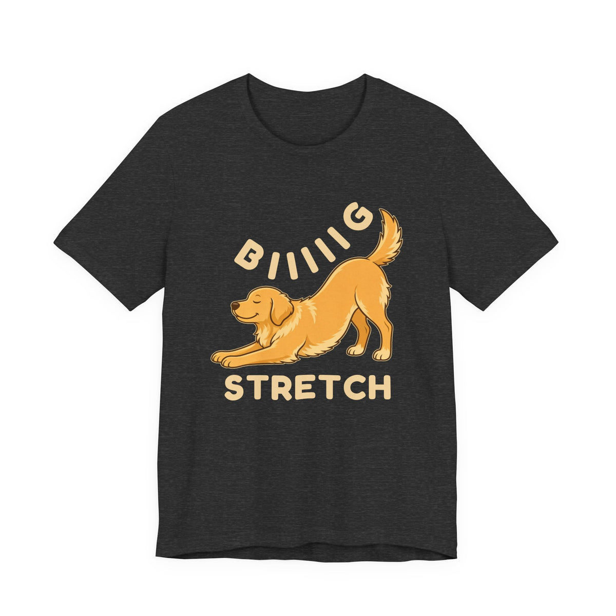 Dark Grey Heather t-shirt with the "Big Stretch Golden Retriever" design, front view