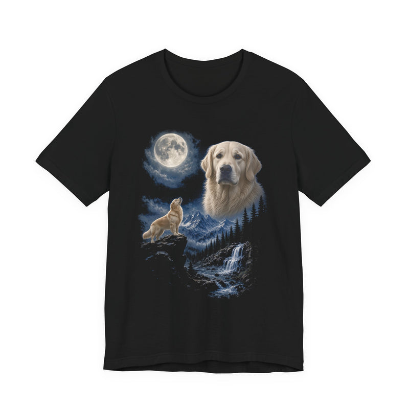 Black t-shirt with a photoreal English cream golden retriever under a full moon and a second English cream golden retriever howling on a cliff over mountains and a waterfall, front view