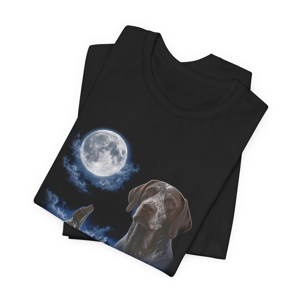 Black t-shirt with a photoreal German shorthaired pointer under a full moon and a second German shorthaired pointer howling on a cliff over mountains and a waterfall, folded