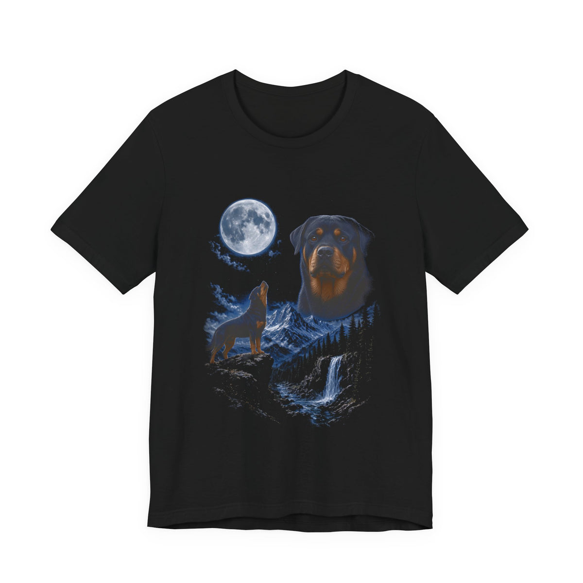 Black t-shirt with a photoreal rottweiler under a full moon and a second rottweiler howling on a cliff over mountains and a waterfall, front view