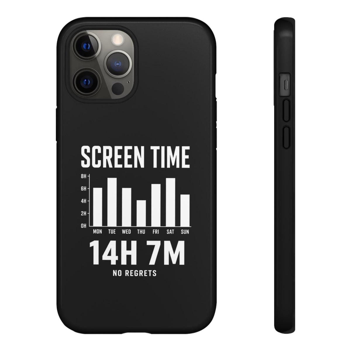 Screen Time No Regrets chronically online phone case with "Screen Time No Regrets" graphic, front view
