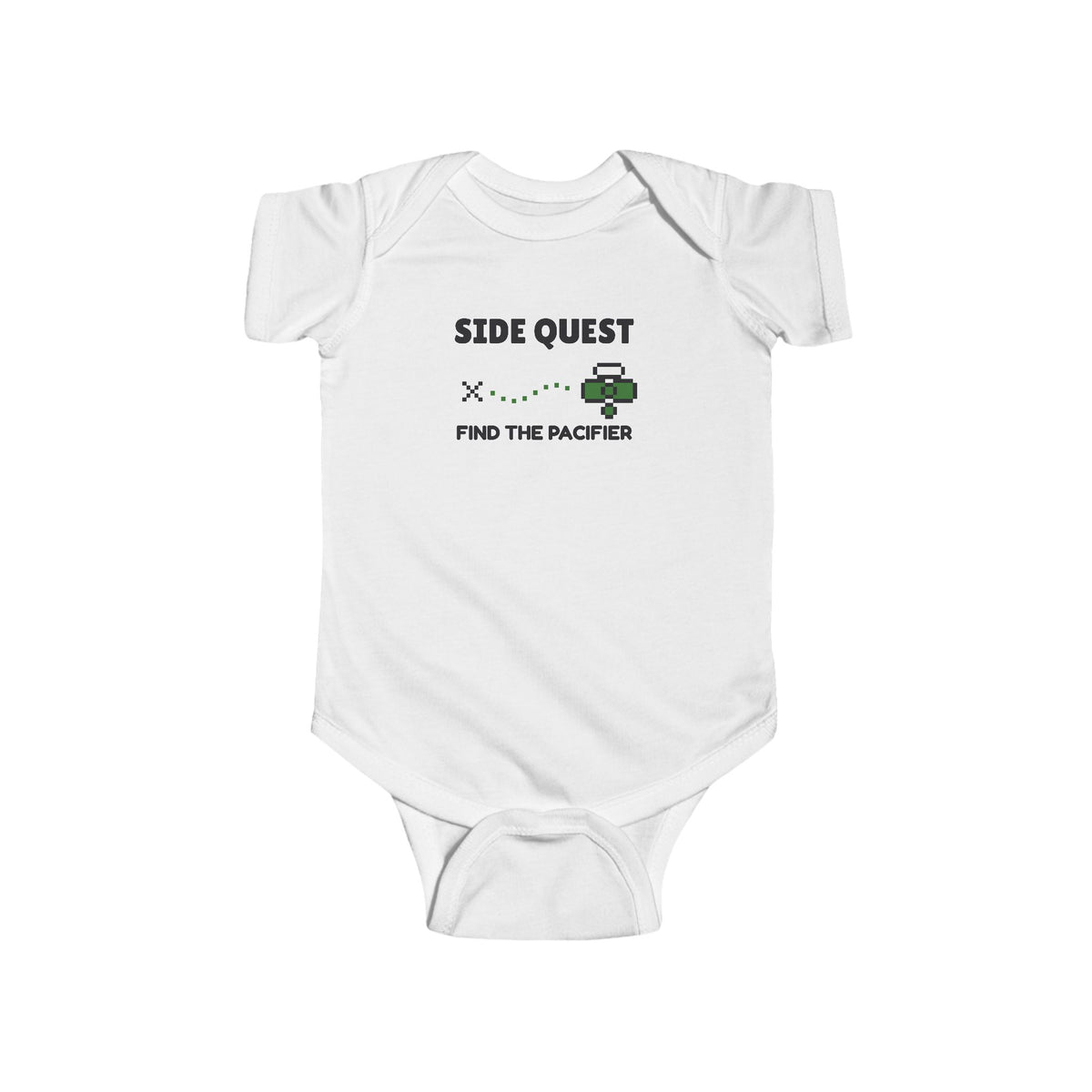 Side Quest Find The Pacifier Gen Z meme baby onesie in White with "Side Quest Find The Pacifier" graphic, front view