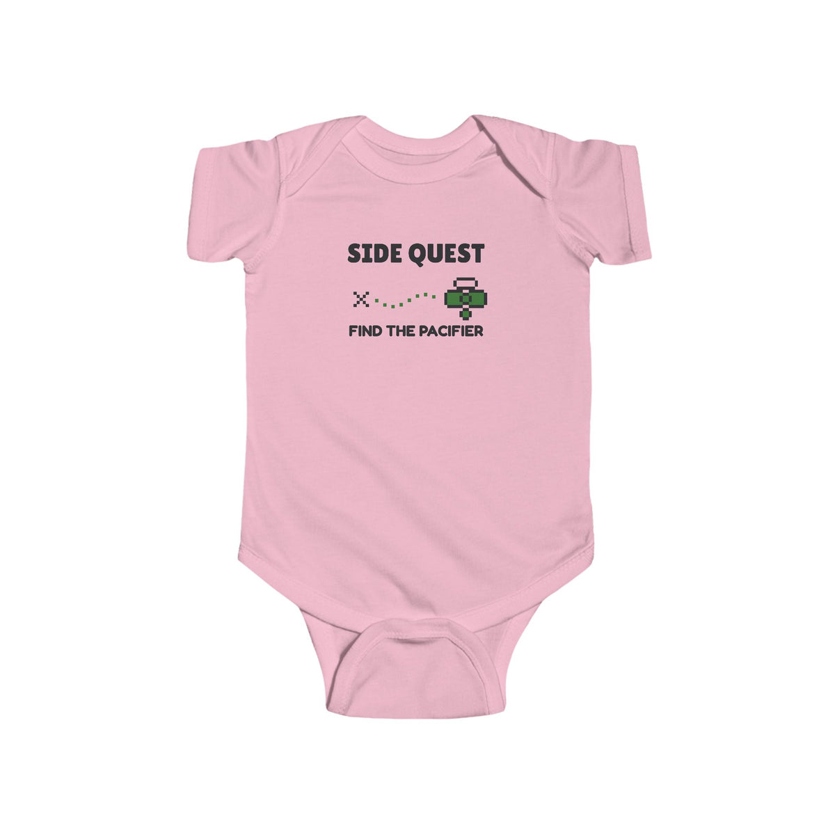 Side Quest Find The Pacifier Gen Z meme baby onesie in Pink with "Side Quest Find The Pacifier" graphic, product photo 4