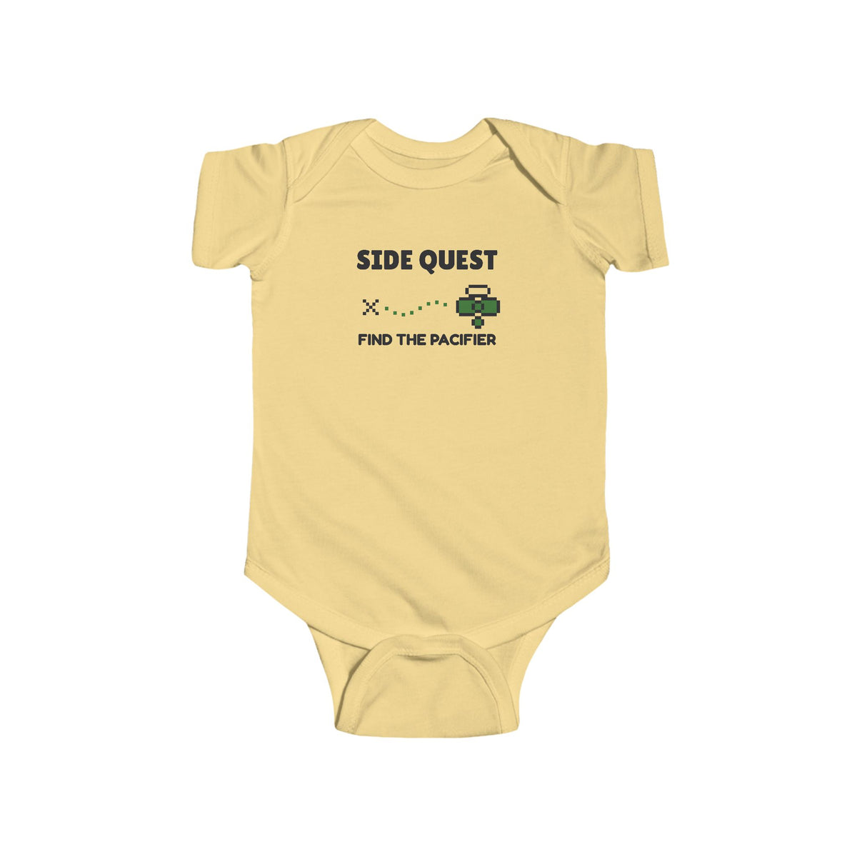 Side Quest Find The Pacifier Gen Z meme baby onesie in Butter with "Side Quest Find The Pacifier" graphic, product photo 2