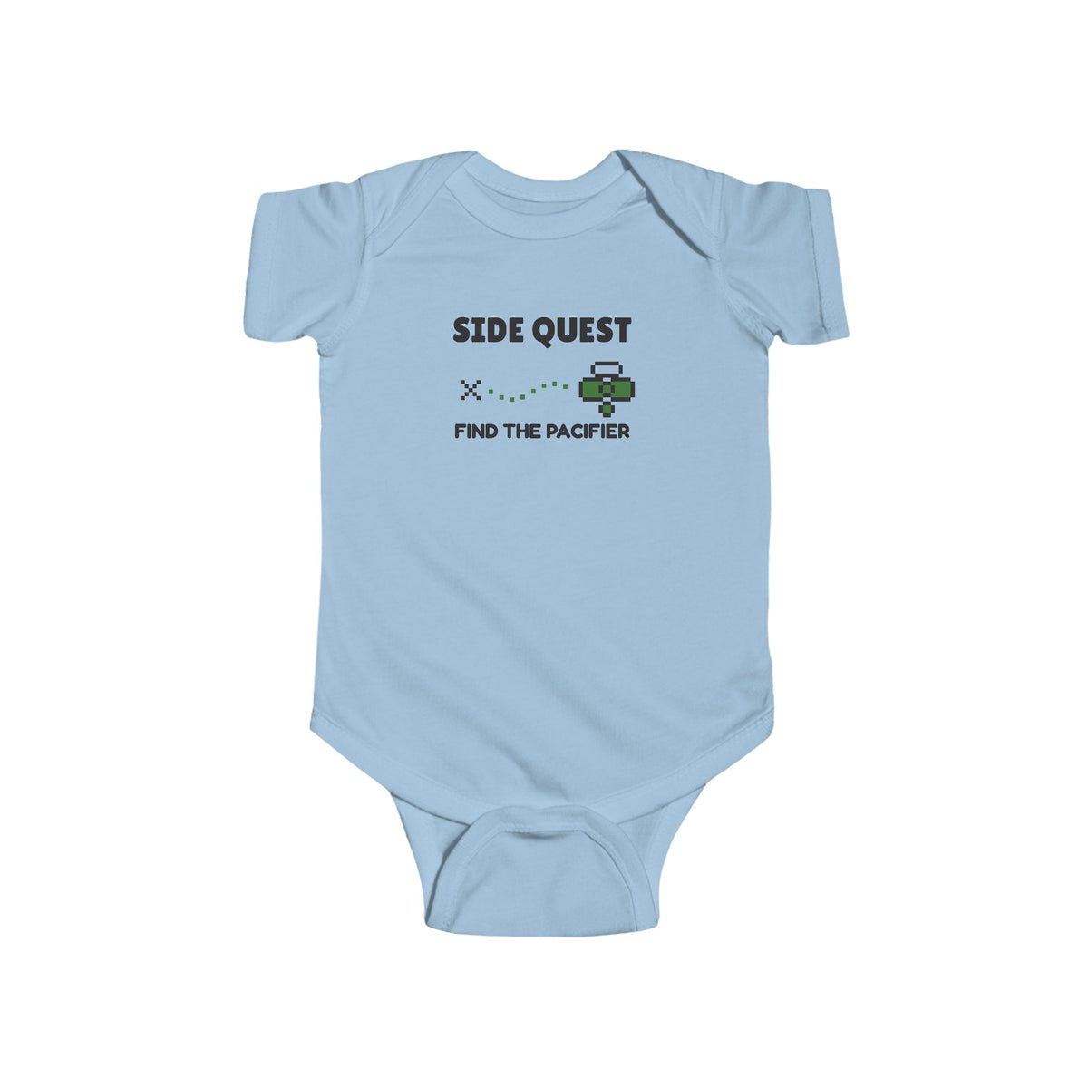 Side Quest Find The Pacifier Gen Z meme baby onesie in Light Blue with "Side Quest Find The Pacifier" graphic, product photo 3