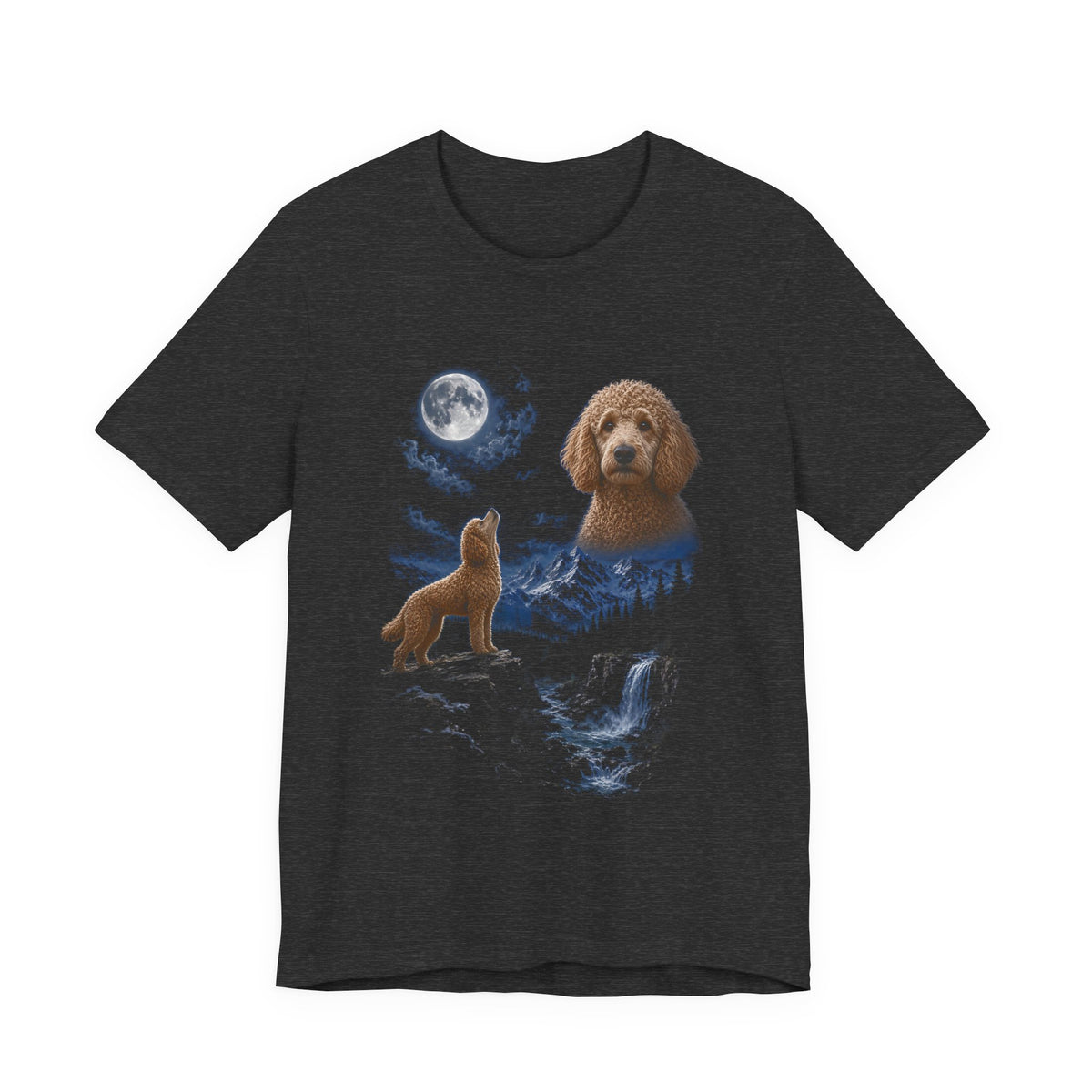 Dark Grey Heather t-shirt with a photoreal poodle under a full moon and a second poodle howling on a cliff over mountains and a waterfall, front view