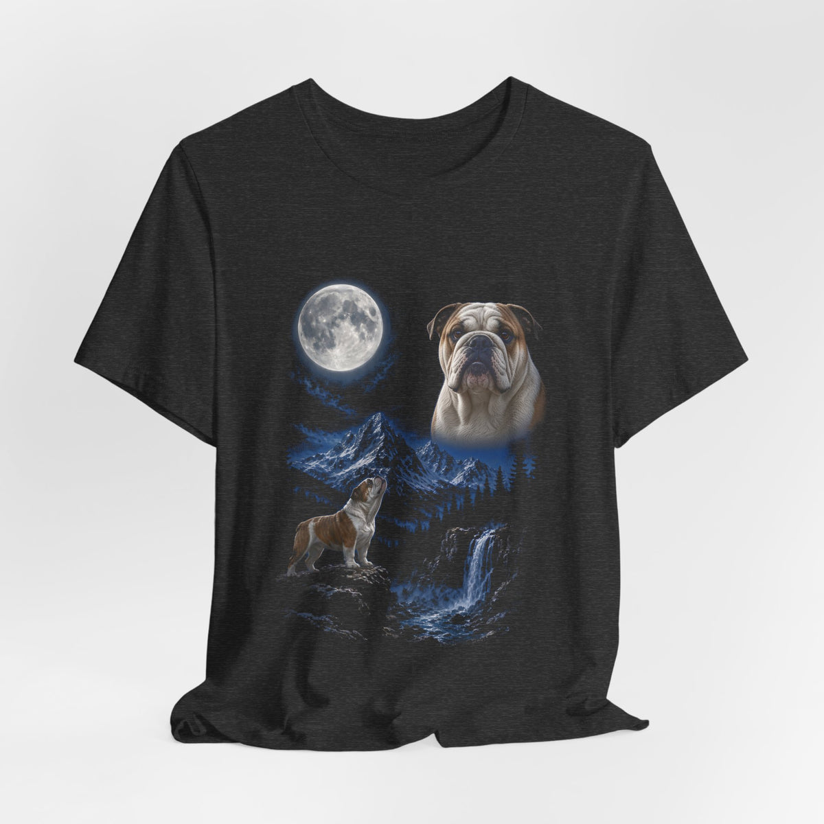 Dark Grey Heather t-shirt with a photoreal bulldog under a full moon and a second bulldog howling on a cliff over mountains and a waterfall, flat lay
